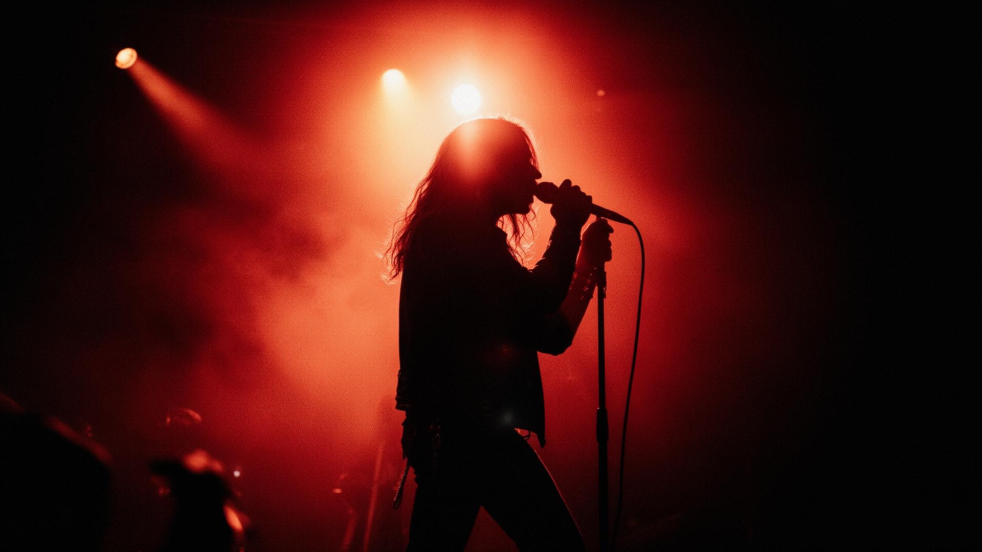 Rock frontman silhouetted against red stage lights